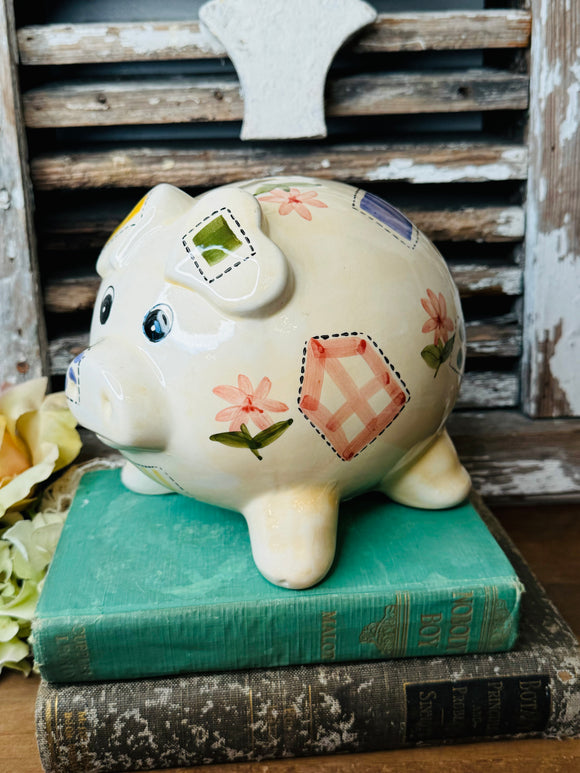 ADORABLE HANDPAINTED VINTAGE PATCHWORK PIGGY BANK