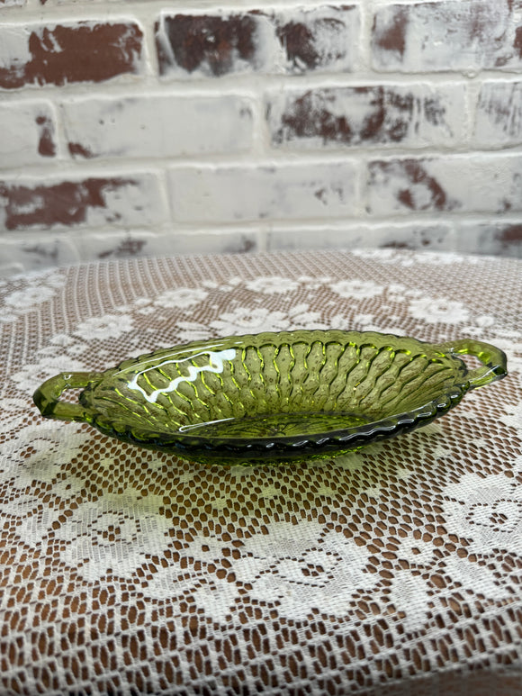 GREEN GLASS VINTAGE ORNATE SMALL TRAY