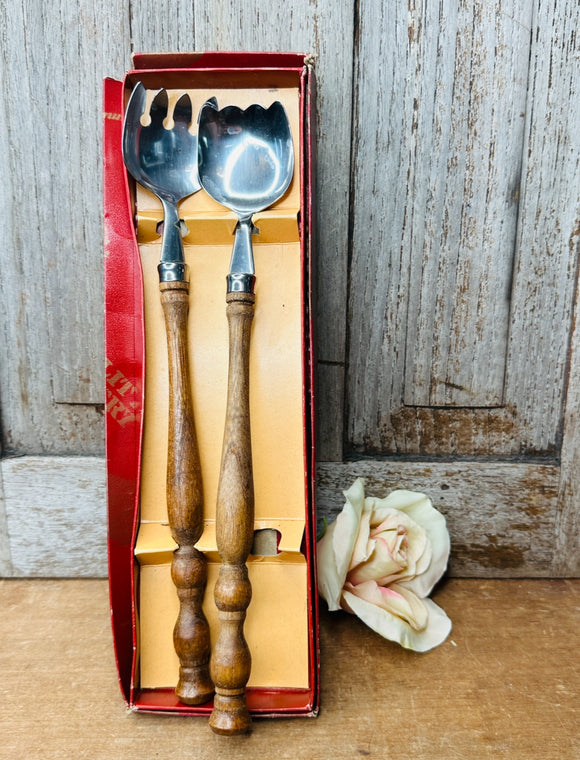 VINTAGE  WOOD SALAD SERVERS IN ORIGINAL BOX