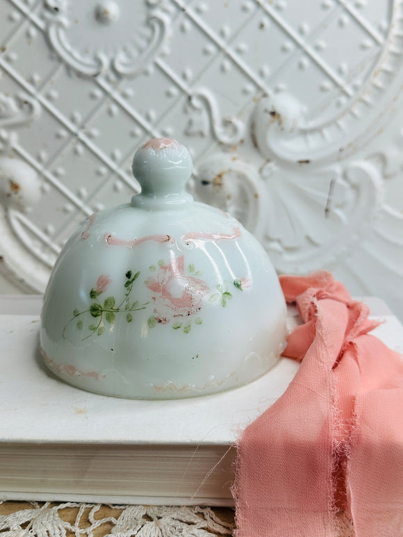 HAND PAINTED 1800s MILK GLASS CLOCHE RARE VINTAGE VICTORIAN FRENCH GORGEOUS