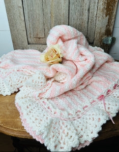 GORGEOUS VINTAGE DETAILED RUFFLED AND RIBBON PINK AND WHITE AFGHAN BLANKET