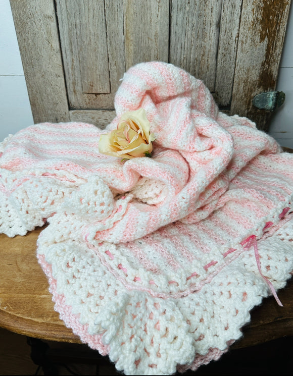 GORGEOUS VINTAGE DETAILED RUFFLED AND RIBBON PINK AND WHITE AFGHAN BLANKET