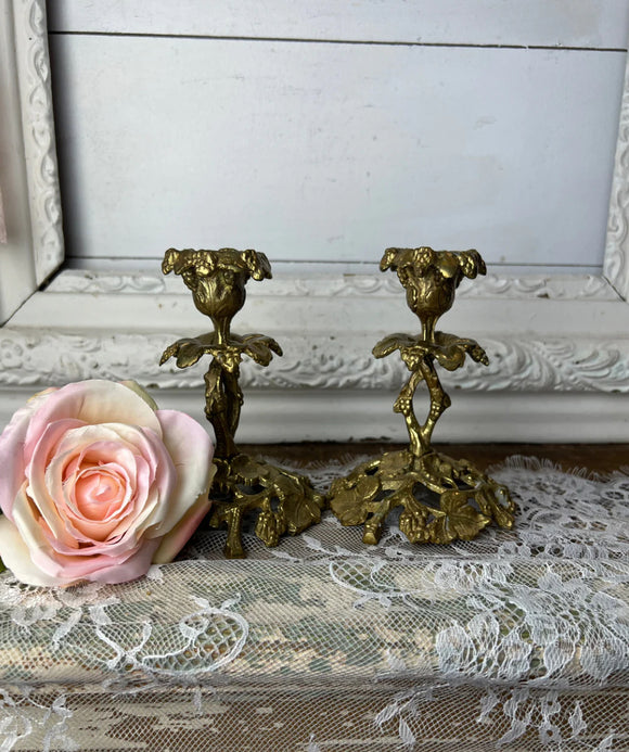 PAIR OF ANTIQUE BRASS ORNATE   CANDLESTICK HOLDERS