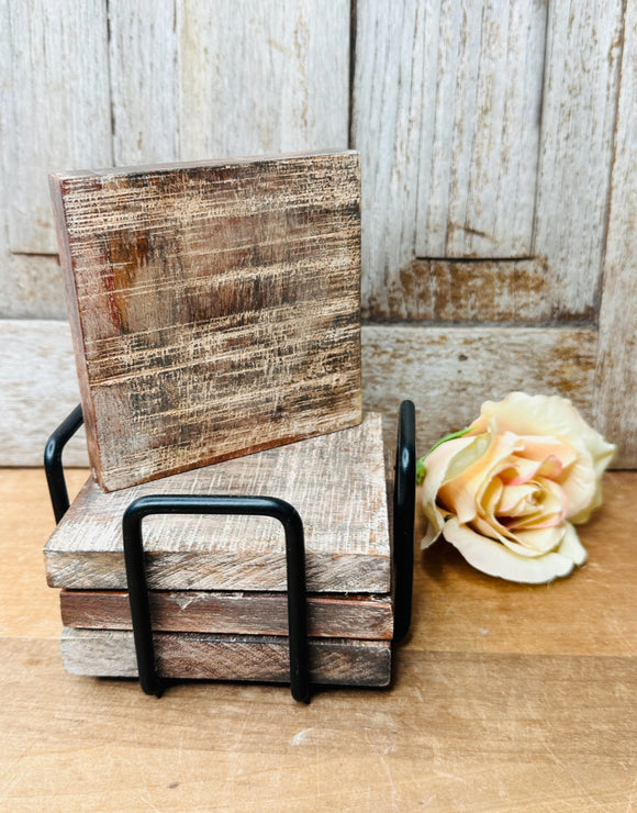 SET OF FARMHOUSE WOOD COASTERS AND HOLDER VINTAGE