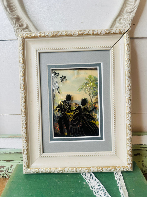 VICTORIAN SILHOUETTE CONVEX FRAMED ART ON GLASS  X RARE