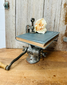 ANTIQUE MEAT GRINDER AND BOOK SHELF