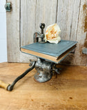 ANTIQUE MEAT GRINDER AND BOOK SHELF