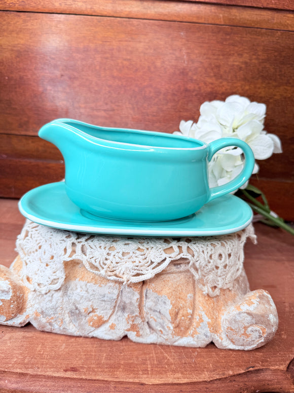 SET OF RARE JAPAN GRAVY BOAT AND DISH PLATE  AQUA TURQUOISE TEAL JADE CHIFFON JAPAN MARKED
