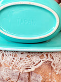 SET OF RARE JAPAN GRAVY BOAT AND DISH PLATE  AQUA TURQUOISE TEAL JADE CHIFFON JAPAN MARKED