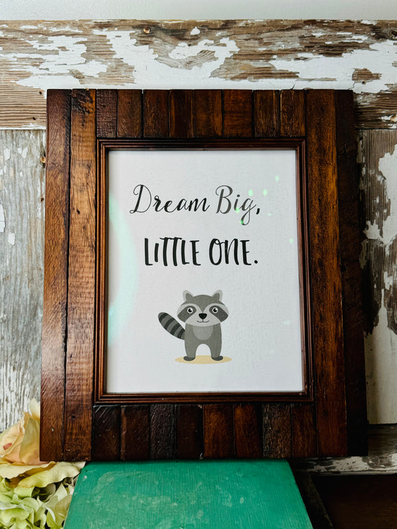 ADORABLE LARGE SOLID WOOD FRAME AND RACCOON PICTURE