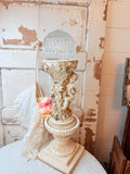 ANTIQUE CHERUB GARDEN STATUE ON PEDESTAL W CRYSTAL CLOCHE