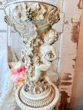 ANTIQUE CHERUB GARDEN STATUE ON PEDESTAL W CRYSTAL CLOCHE