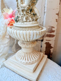 ANTIQUE CHERUB GARDEN STATUE ON PEDESTAL W CRYSTAL CLOCHE