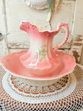 VINTAGE SHABBY CHIC VICTORIAN PINK LARGE PITCHER AND BASIN RARE GORGEOUS