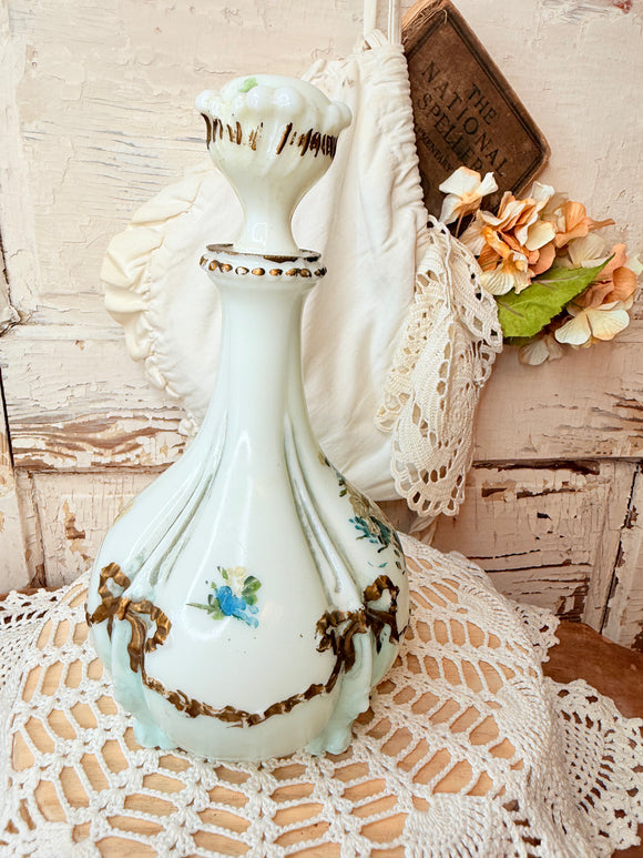 ANTIQUE LARGE DECANTER HAND PAINTED MILK GLASS - 2 AVAILABLE - RARE GORGEOUS!!!!