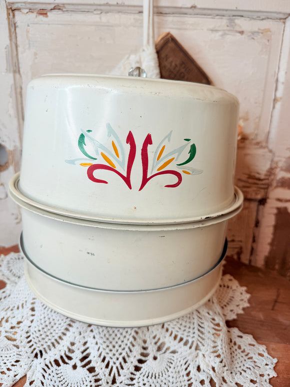 4 PIECE 1950s CAKE CARRIER RARE HAND PAINTED