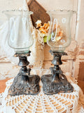 SET OF RARE VINTAGE VICTORIAN SILVER CANDLE HOLDERS AND GLASS TOPPERS AMAZING!!!