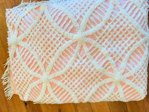 GORGEOUS CHENILLE RARE PINK AND WHITE BEDSPREAD -2 AVAILABLE - fits twin to the ground and full/queen topper