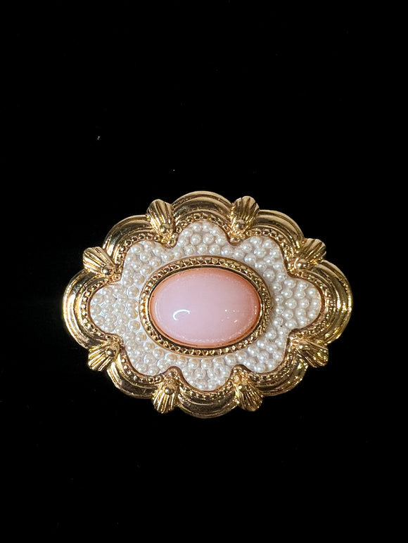 ORNATE PINK AND PEARL GOLDEN SCALLOPED BROOCH VINTAGE