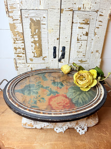 ANTIQUE WOOD TRAY WITH BRASS HANDLES FLORAL - GORGEOUS!!!