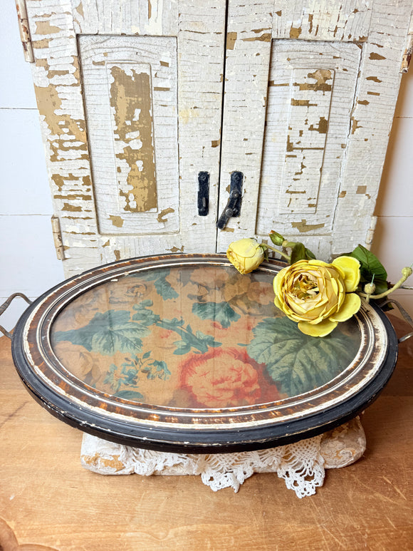ANTIQUE WOOD TRAY WITH BRASS HANDLES FLORAL - GORGEOUS!!!