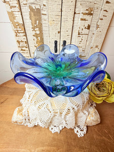 LARGE MURANO COBALT BLUE OMBRÉ BOWL GLASS ART VINTAGE
