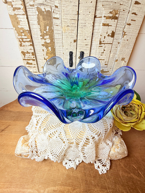 LARGE MURANO COBALT BLUE OMBRÉ BOWL GLASS ART VINTAGE