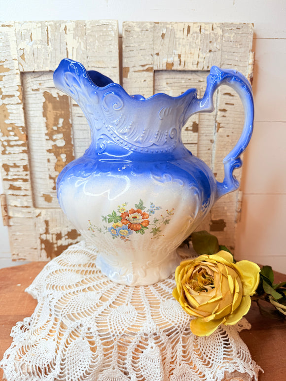 GORGEOUS LARGE BLUE PITCHER VINTAGE FLORAL