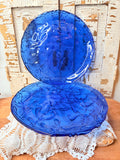SET OF 2 VINTAGE V COBALT BLUE GLASS DRAGONFLY EMBOSSED LARGE PLATES  - 2 SETS AVAILABLE