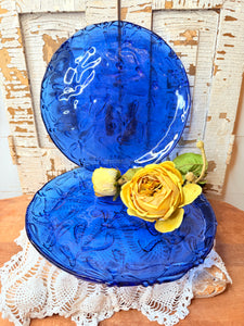 SET OF 2 VINTAGE V COBALT BLUE GLASS DRAGONFLY EMBOSSED LARGE PLATES  - 2 SETS AVAILABLE