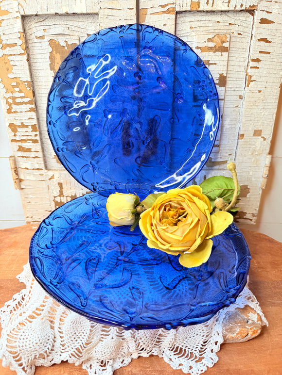 SET OF 2 VINTAGE V COBALT BLUE GLASS DRAGONFLY EMBOSSED LARGE PLATES  - 2 SETS AVAILABLE