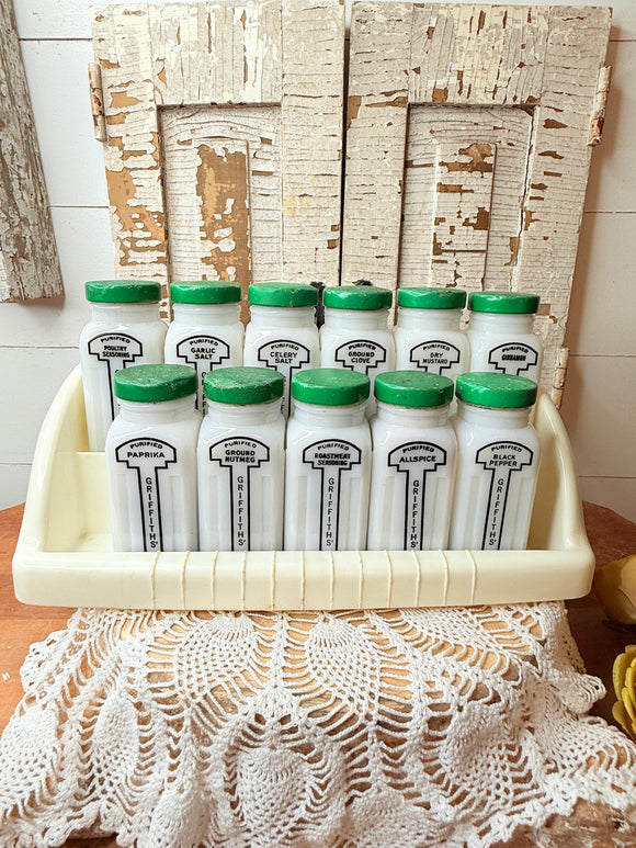 SET OF 11 MILK GLASS SPICE JARS WITH ORIGINAL RACK STUNNING!!!!