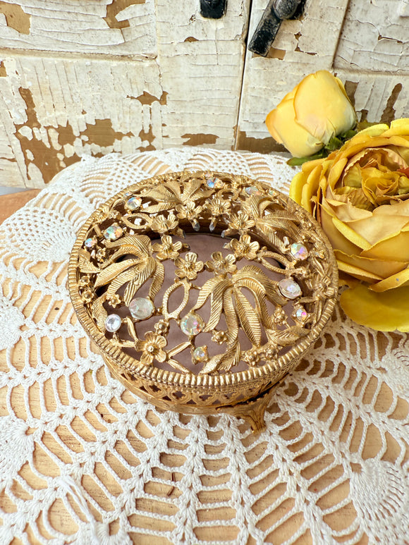 ORNATE  ANTIQUE RARE FILIGREE JEWELED TRINKET BOX AND LID / HAIR RECEIVER HOLDER STUNNING!!!!