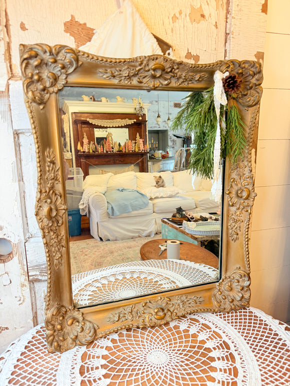 ANTIQUE GORGEOUS DETAILED CHALKWARE  FRAMED MIRROR