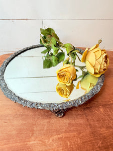 ANTIQUE EARLY 1900s SILVER PLATEAU BORDERED DETAILED  VANITY TRAY FOOTED MIRROR  RARE STUNNING