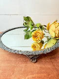 ANTIQUE EARLY 1900s SILVER PLATEAU BORDERED DETAILED  VANITY TRAY FOOTED MIRROR  RARE STUNNING
