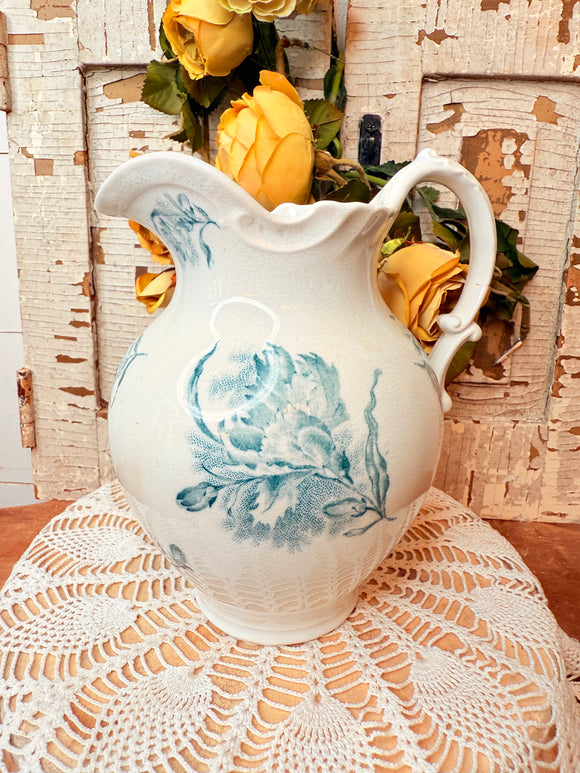 ANTIQUE GORGEOUS BLUE TRANSFER-WARE PITCHER RARE