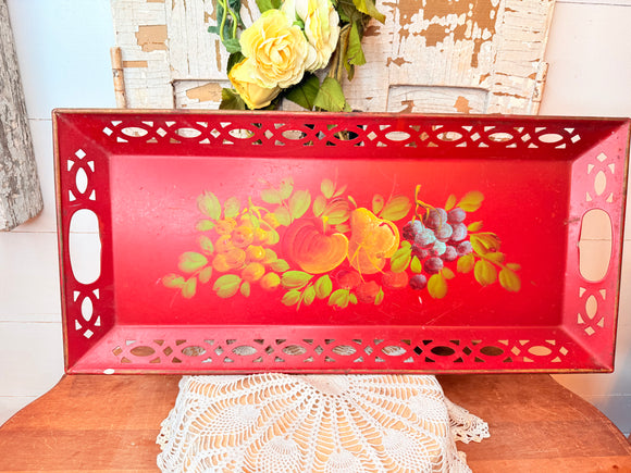 LARGE GORGEOUS METAL RED TOLE TRAY FLORAL VINTAGE