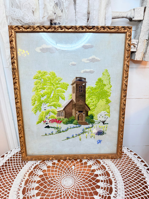 ANTIQUE XL CREWEL WORK CHURCH  WITH CARVED WOOD GORGEOUS DETAILED FRAME