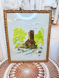 ANTIQUE XL CREWEL WORK CHURCH  WITH CARVED WOOD GORGEOUS DETAILED FRAME