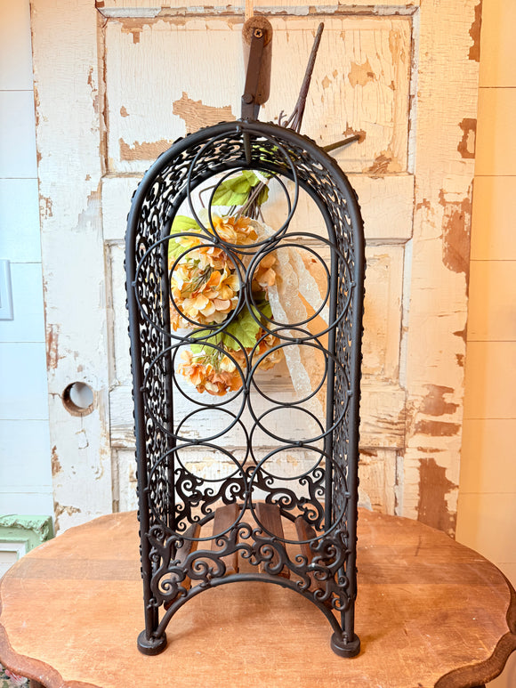 XL RARE VNTG DETAILED METAL AND WOOD WINE BOTTLE HOLDER