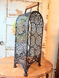 XL RARE VNTG DETAILED METAL AND WOOD WINE BOTTLE HOLDER