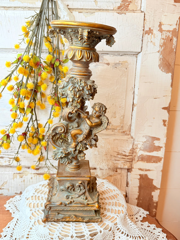 XL CHERUB GOLD GILT CANDLE HOLDER VINTAGE