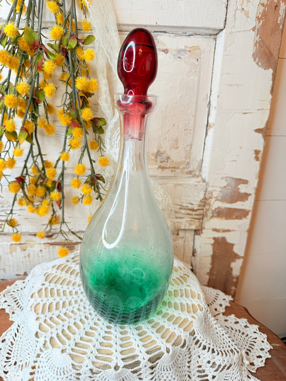 XL RARE ANTIQUE RED AND GREEN GLASS DECANTER AND TOP