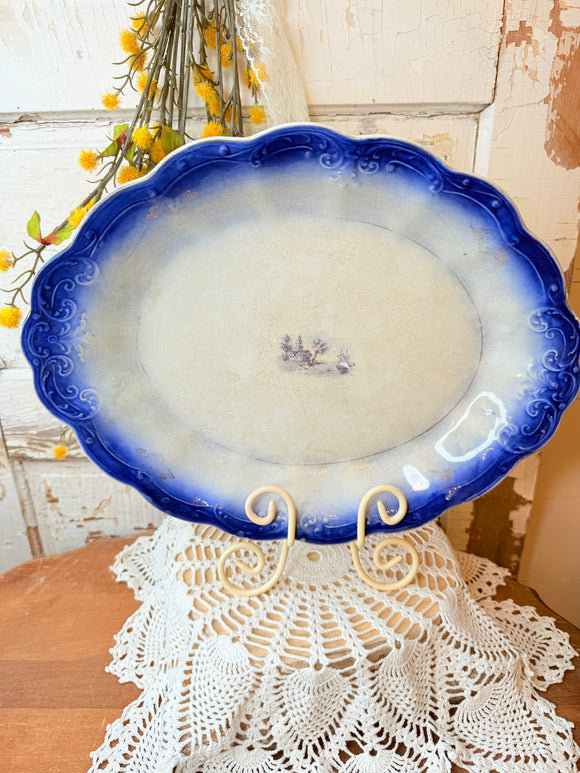 XL RARE FLOW BLUE ANTIQUE PLATTER GORGEOUS !!!