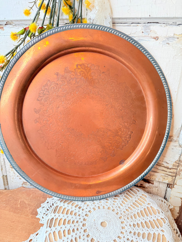 XL RARE ANTIQUE SOLID COPPER DETAILED ROUND TRAY GORGEOUS!!!