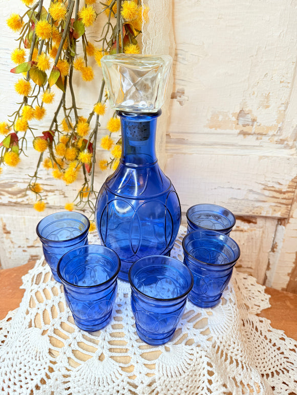7 PIECE VINTAGE COBALT BLUE DECANTER AND GLASSES SET