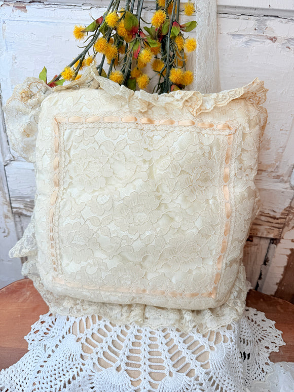 AMAZING ANTIQUE VICTORIAN LACE RIBBON AND SILK RUFFLE PILLOW