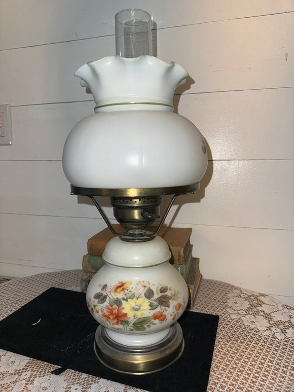 VINTAGE FLORAL MILK GLASS HURRICANE LAMP - 2 AVAILABLE