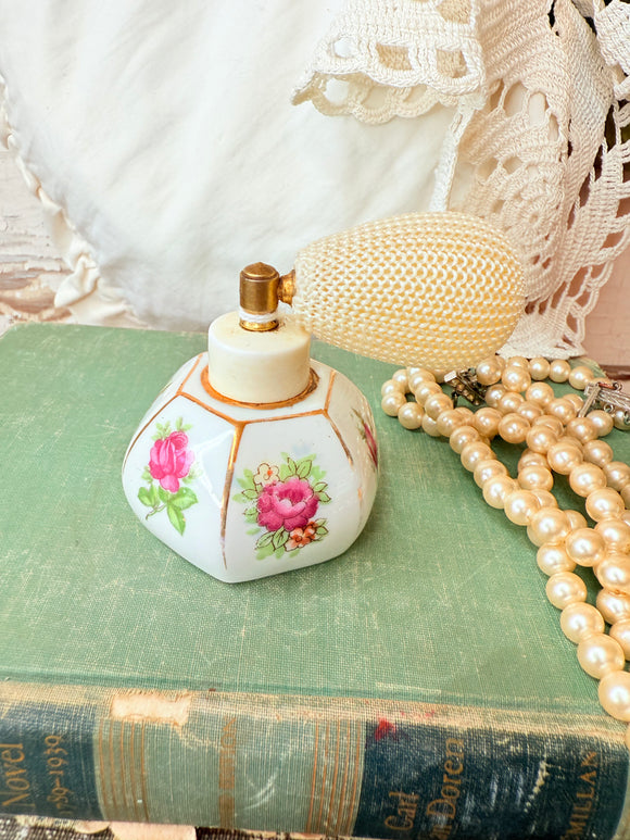 STUNNING  RARE  VINTAGE PORCELAIN FLORAL GLASS PERFUME BOTTLE